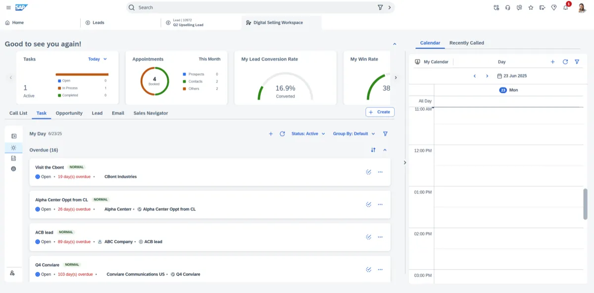 SAP Sales Cloud V2 Digital Selling Workspace — personalized dashboard with calendar, tasks, opportunities, and KPIs