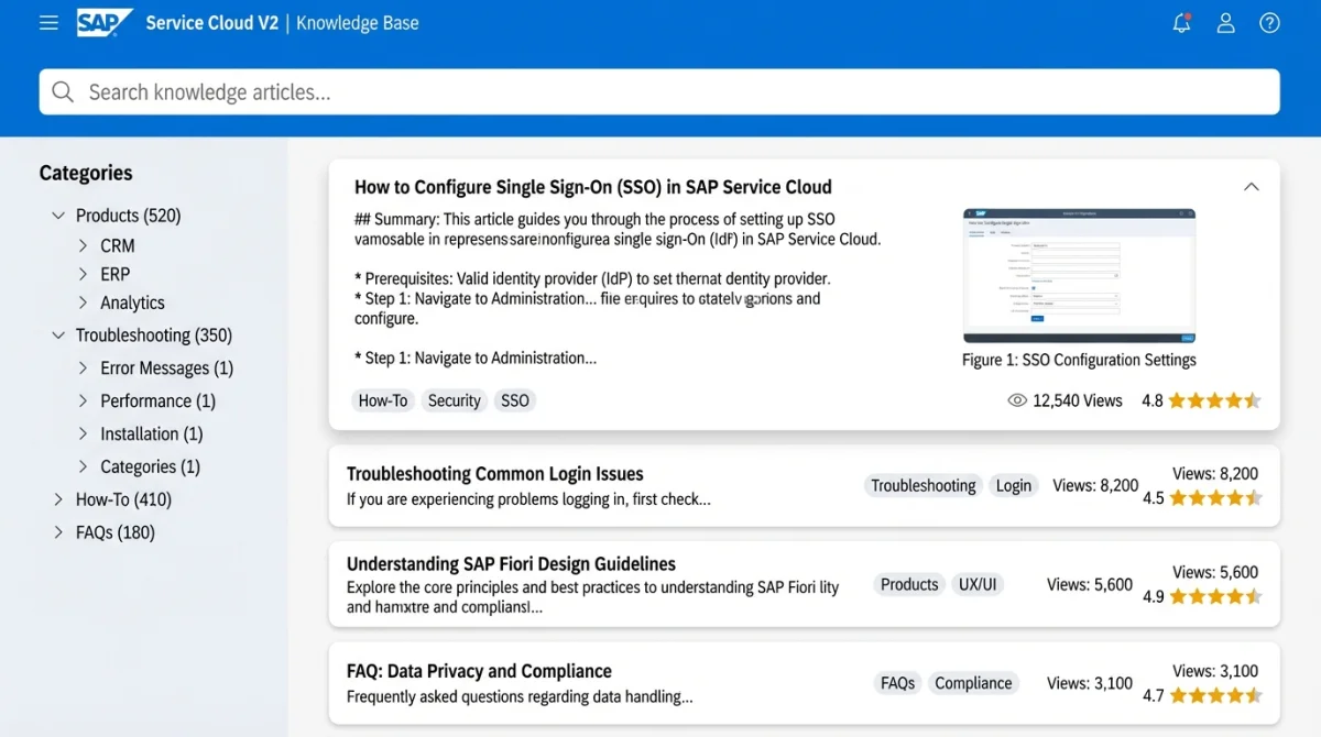 SAP Service Cloud V2 knowledge base — article search, category navigation, and troubleshooting guides