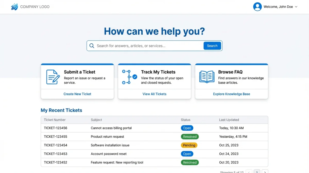 SAP Service Cloud V2 self-service portal — ticket submission, status tracking, and FAQ for customers