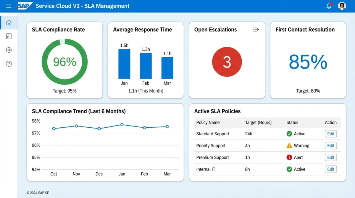 SAP Service Cloud V2 SLA dashboard — compliance rate, response time, escalations, and active SLA policies
